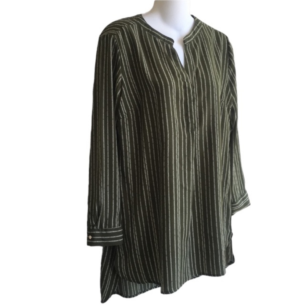 New Directions Tunic Top Olive Ivory Stripes High Low Hemline 3/4 Sleeves SP NWT